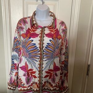 Tropical Botanical Print Button-Up Blouse - Pink, Blue & Orange